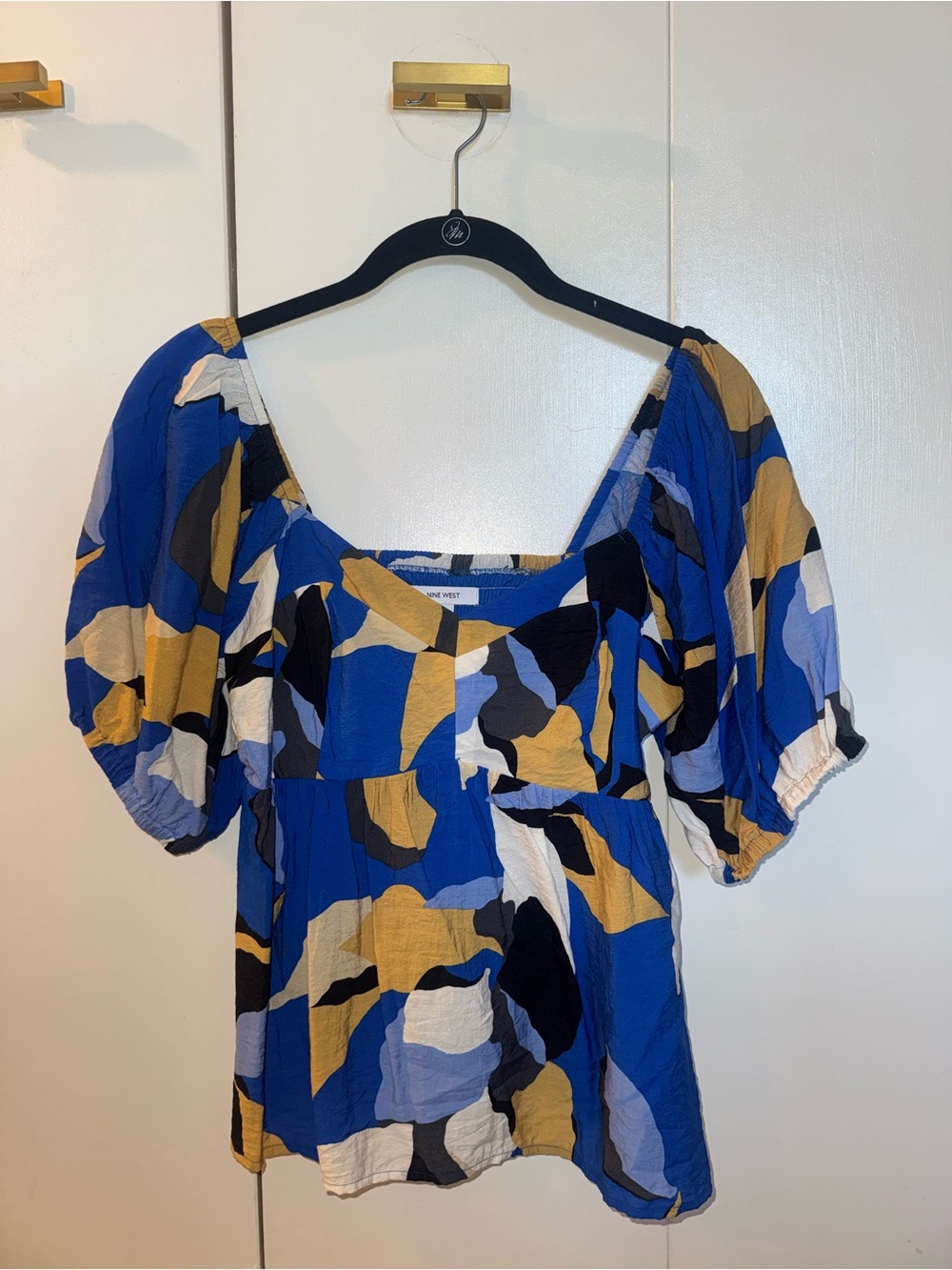 Nine West Blue Abstract Puff-Sleeve Square-Neck Top